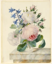 Vase Containing a Centifolia and an Alba Rose, with Buds and a Hyacinth on a Marble Parapet